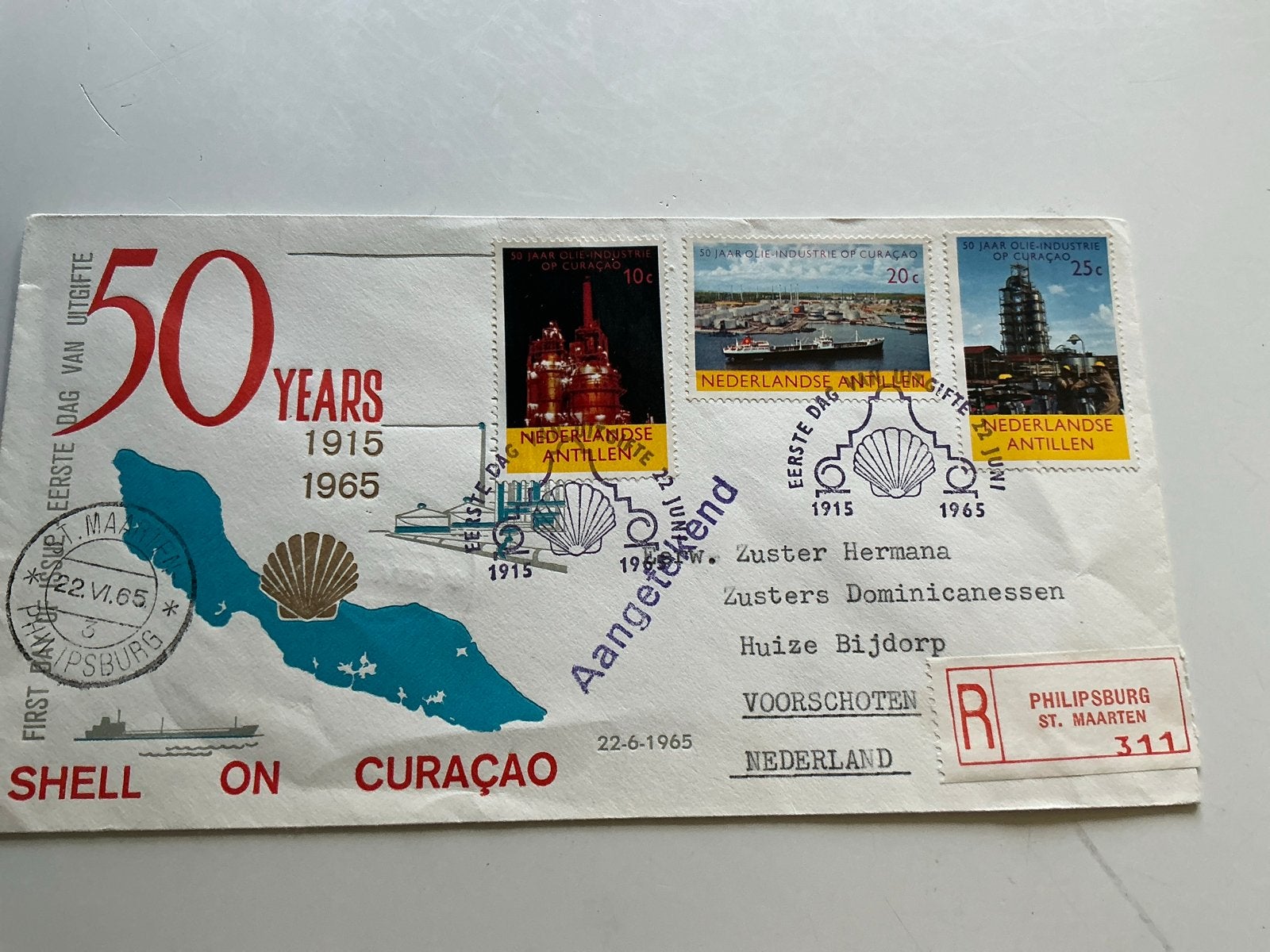 FDC Shell op Curaçao 50 Jaar 1915-1965 Aangetekend, Postzegels en Munten, Verzenden, Beschreven, Rest van de wereld