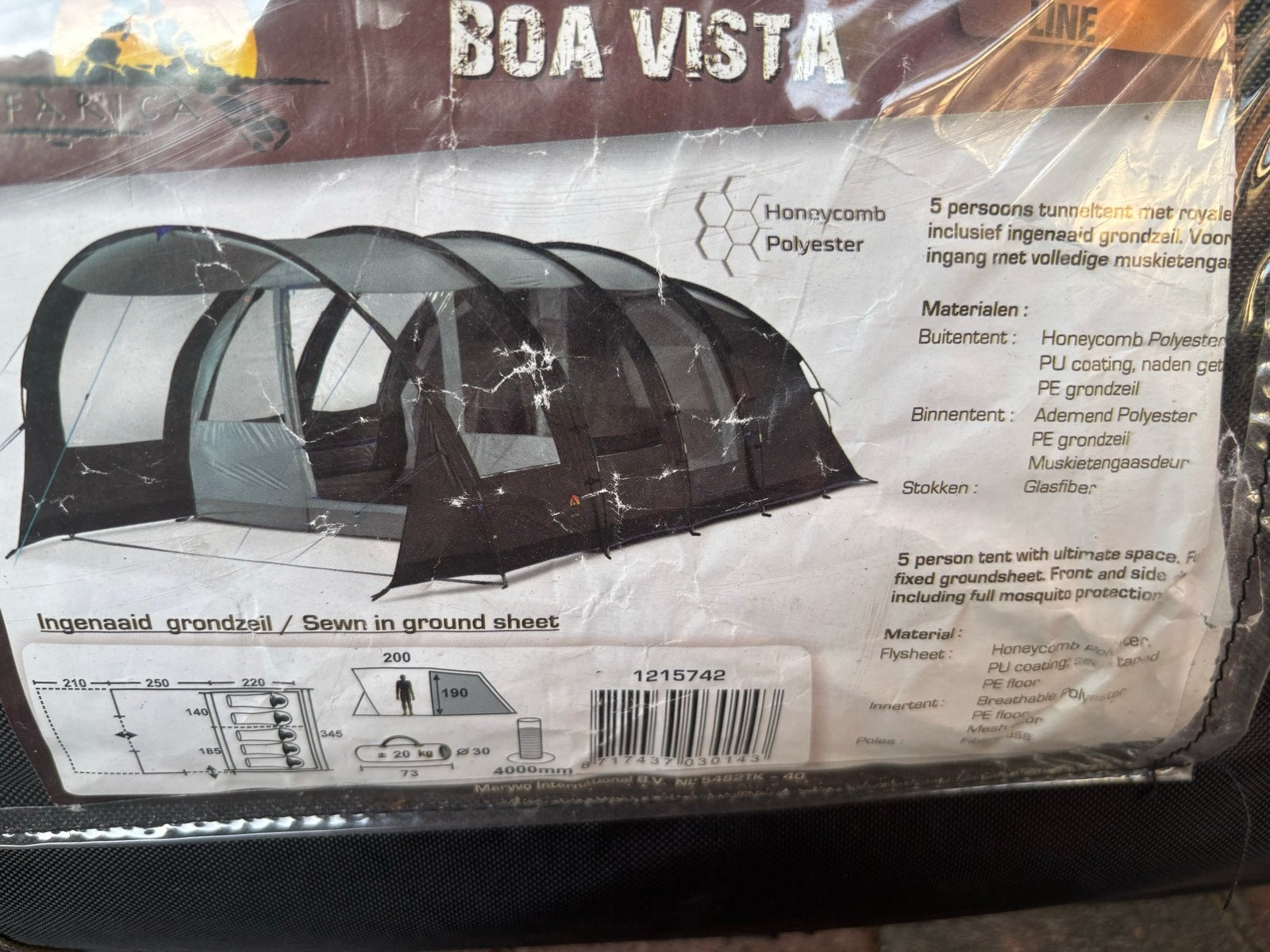 Boa Vista 5-persoons tunneltent met ingenaaid grondzeil, Caravans en Kamperen, Tenten, Ophalen, Gebruikt, Tot en met 5