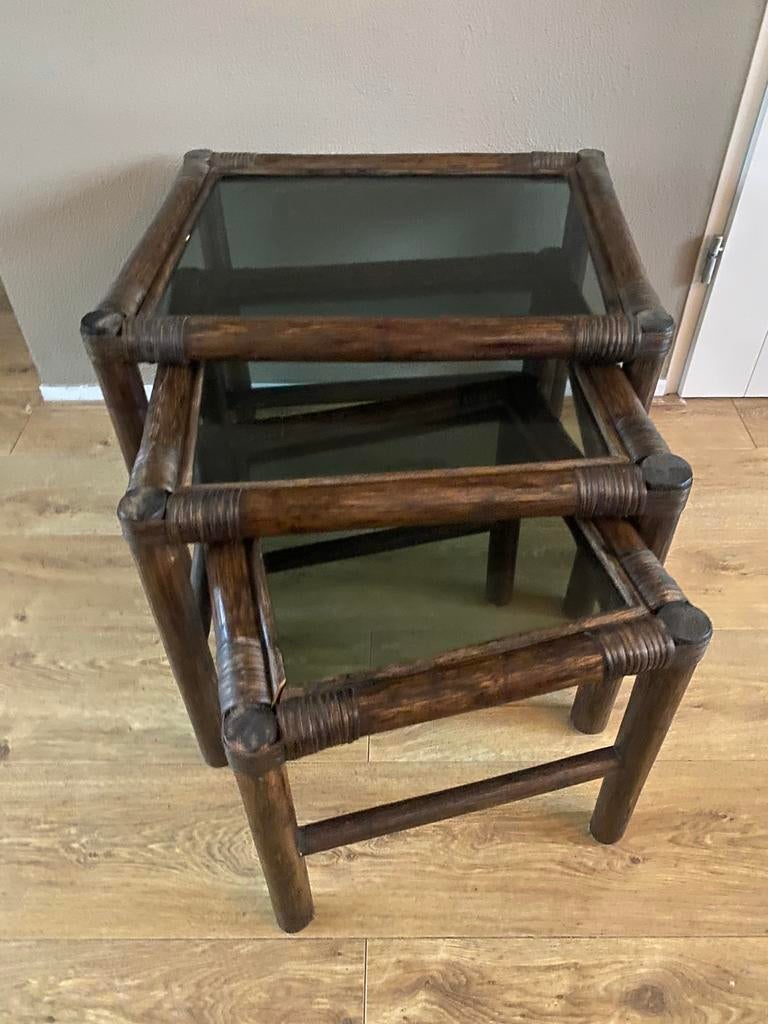 Vintage Rotan Faux Mimiset Rattan Bijzettafeltjes, Ophalen, Minder dan 55 cm, Gebruikt, Vierkant