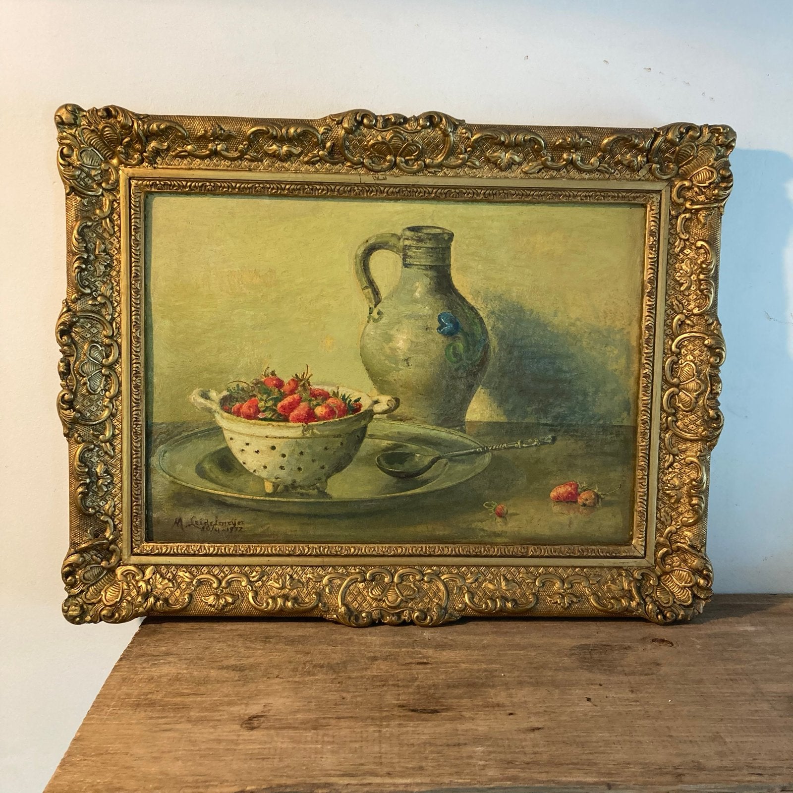 Stilleven Aardbeien Olieverfschilderij M. Leidelmeyer 1972, Antiek en Kunst, Gedateerd, Doek, Stilleven, Ophalen of Verzenden