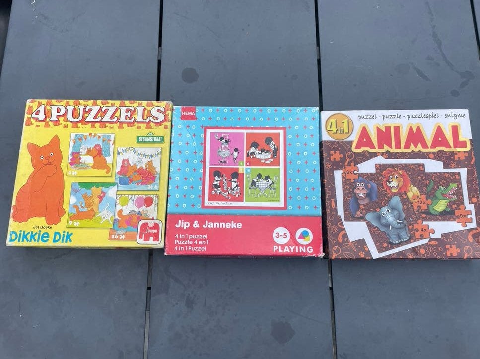 3x Kinderpuzzels: Dikkie Dik, Jip & Janneke, Dieren (4-in-1), Ophalen of Verzenden, 10 tot 50 stukjes, Gebruikt, 2 tot 4 jaar