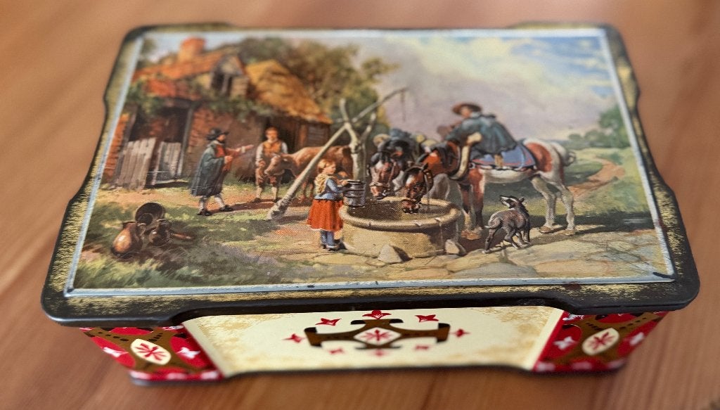 Vintage Geschulpte Trommel met Boerderijtafereel, Verzamelen, Ophalen of Verzenden, Gebruikt, Overige