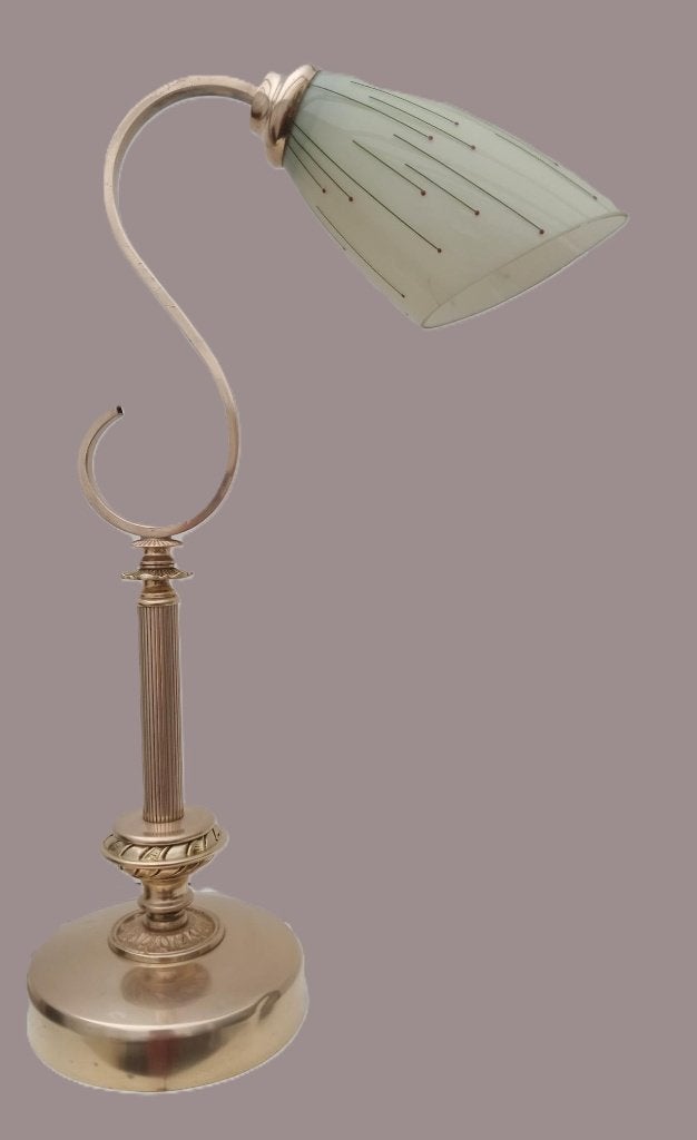 Mooie vintage messing zwanenhals tafellamp, Bureaulamp, Gebruikt, Vintage, Ophalen of Verzenden
