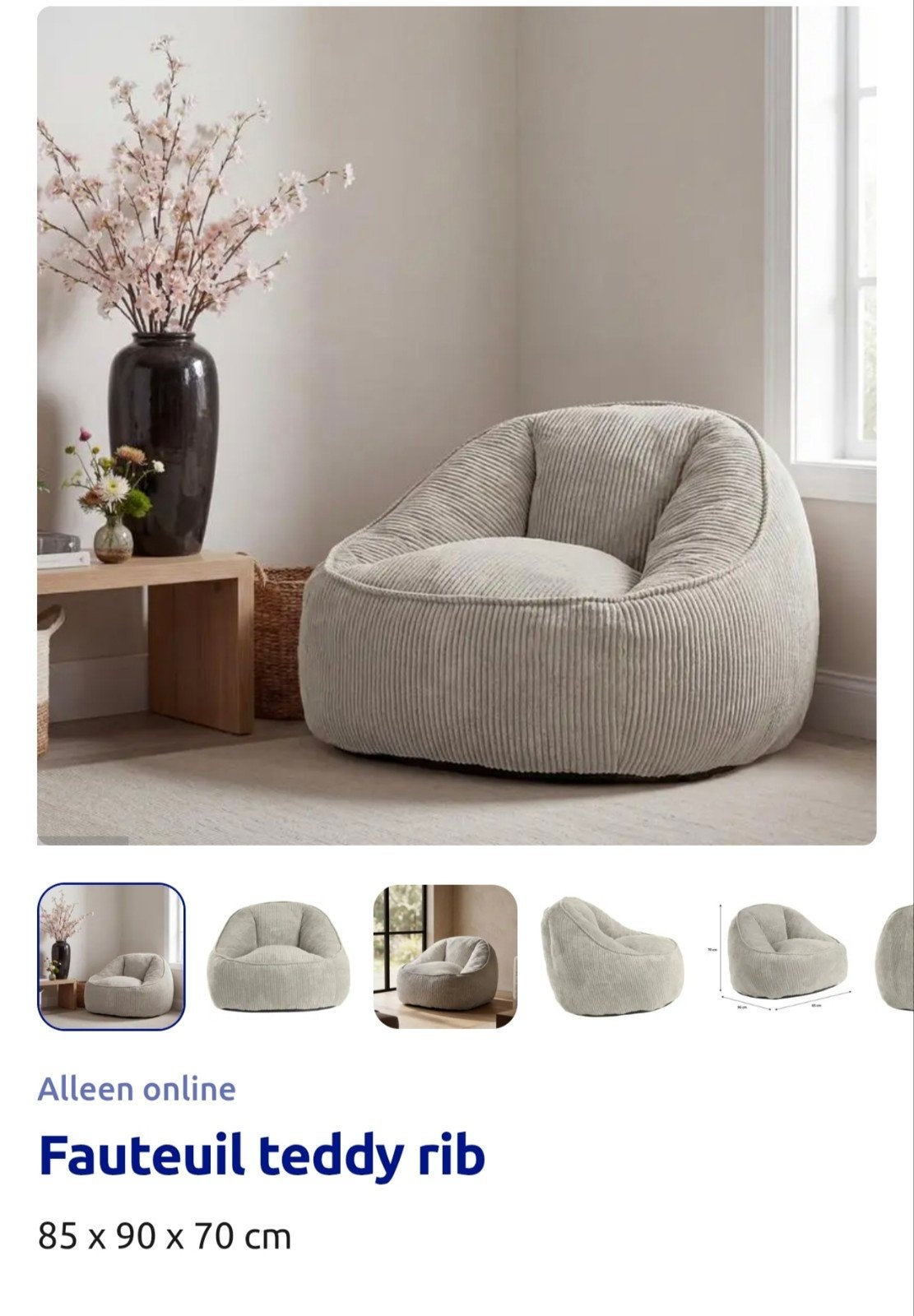 Fauteuil teddy rib - Comfortabele zitzakstoel van de Action, Huis en Inrichting, Ophalen, Modern, Comfortabel, Nieuw, 75 tot 100 cm