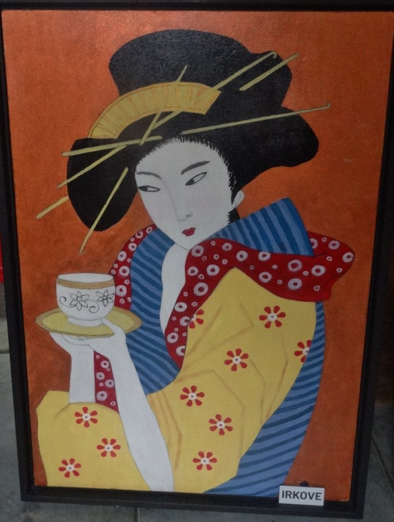 THEE DRINKENDE JAPANSE DAME * Olieverf in Lijst *, Antiek en Kunst, Kunst | Schilderijen | Klassiek, Portret of Personen, Overige stijlen