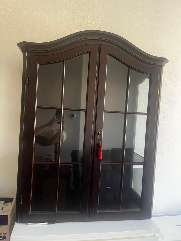 Mahonie houten vintage vitrine kast, Ophalen, Met deur(en), 100 tot 150 cm, 50 tot 100 cm