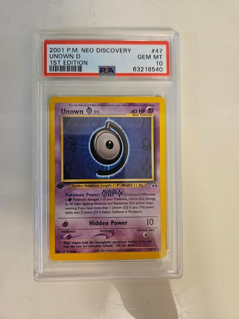 Pokémon Unown D Neo Discovery 1st Edition PSA 10 GEM MT, Ophalen of Verzenden, Nieuw, Losse kaart