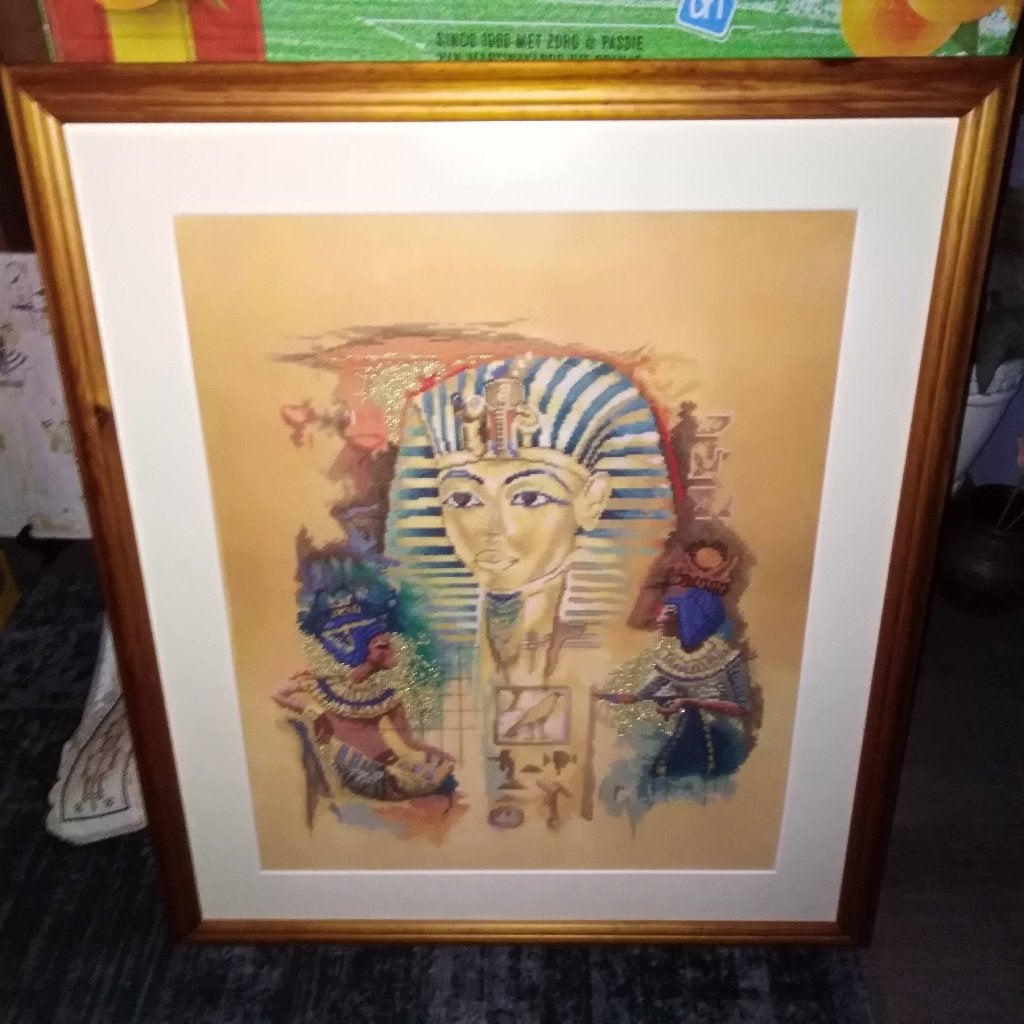 Geborduurde Toetanchamon in een mooie lijst, Ophalen, Gebruikt, Schilderij, Meerkleurig
