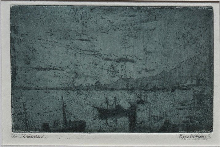 Poppe Damave "Zweden" in blauwe inkt, Ophalen, Gesigneerd, Landschap, 1950 - 1999
