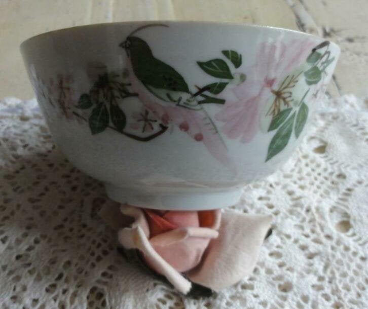 Oosters kommetje met vogel en bloemen , groen / roze, Ophalen of Verzenden