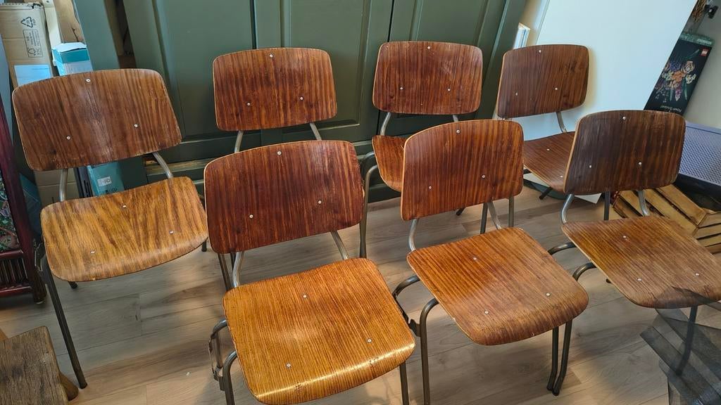 Vintage houten schoolstoelen - Set van 7, Ophalen, Gebruikt, Bruin, Vijf, Zes of meer stoelen