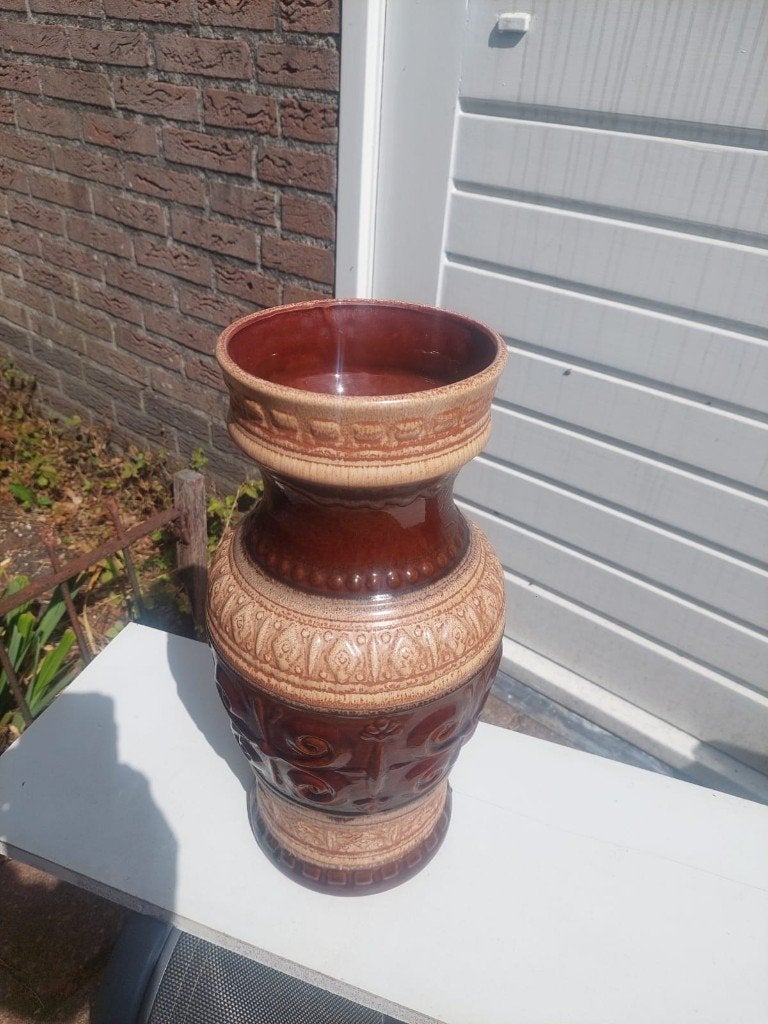 Vloervaas W Germany bruin/creme 40cm., Ophalen, Zo goed als nieuw, 40 cm, Steen/keramiek