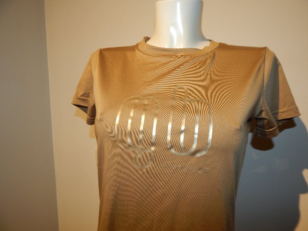Goldbergh stretch shirt gouden look opdruk merk 38, Maat 38/40 (M), Zo goed als nieuw, Korte mouw, Goldbergh