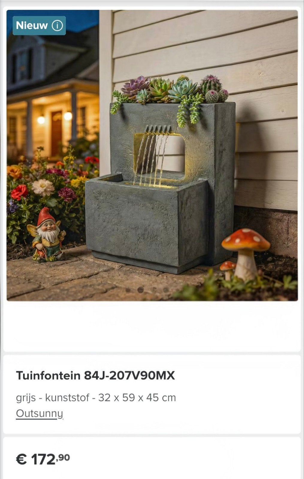 Tuinfontein met LED-licht - Grijs Kunststof, Tuin en Terras, Ophalen, Nieuw