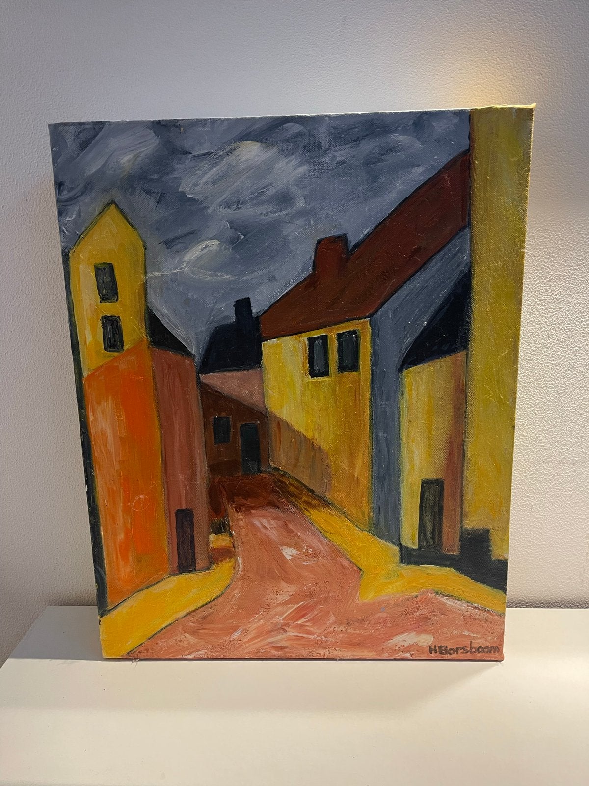 Schilderij Frans dorpje in de avondzon 50-40 cm, Ophalen, Handgeschilderd, Acrylverf, Landschap
