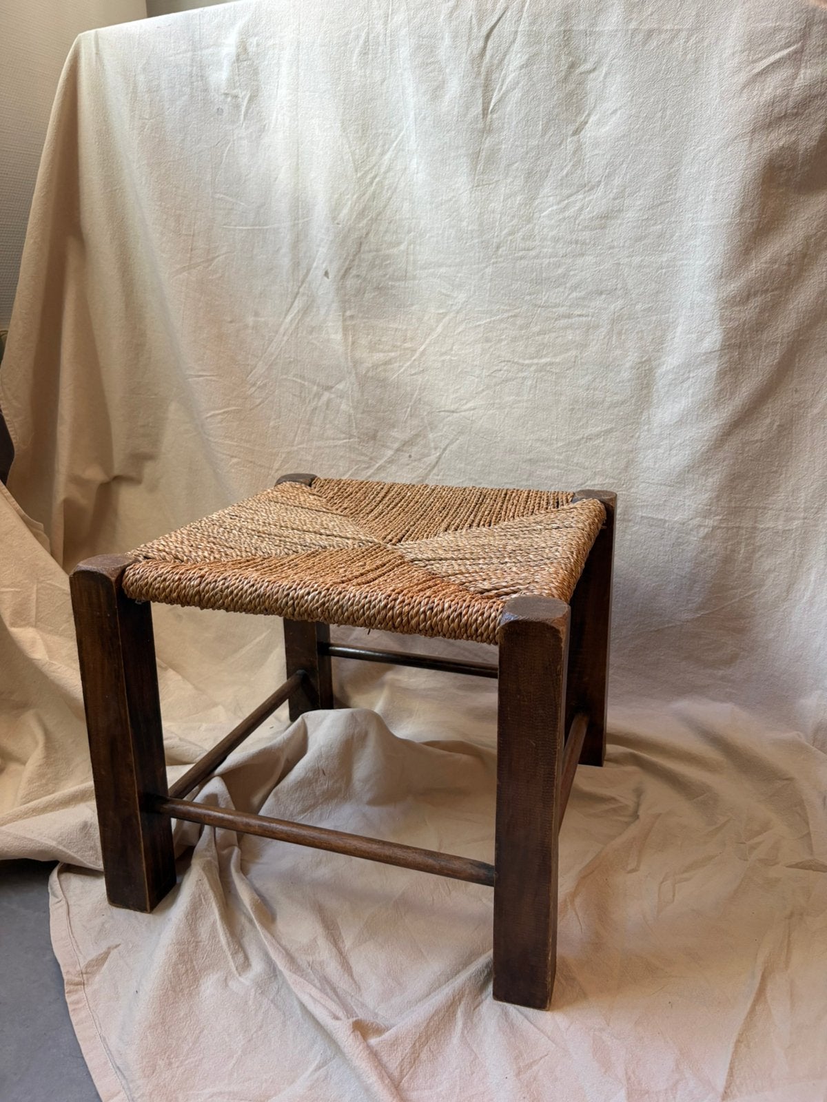 Vintage houten & biezen krukje | rustiek, Ophalen of Verzenden, Zo goed als nieuw, Hout