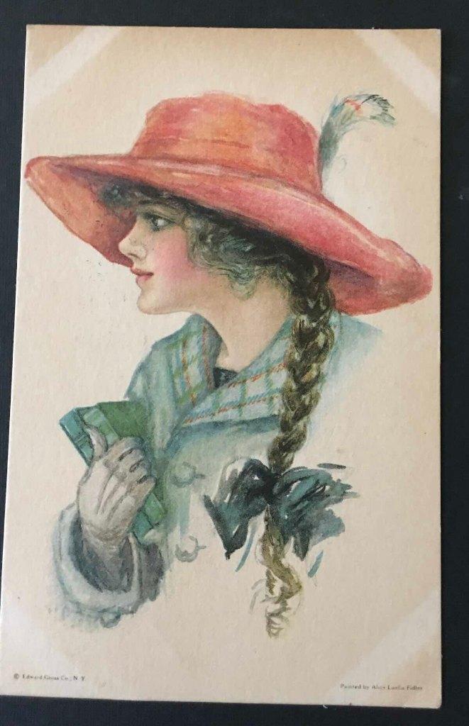 Prentbriefkaart: Vrouw met boeken en hoed., Ophalen of Verzenden, Voor 1920, Gelopen, Overige thema's