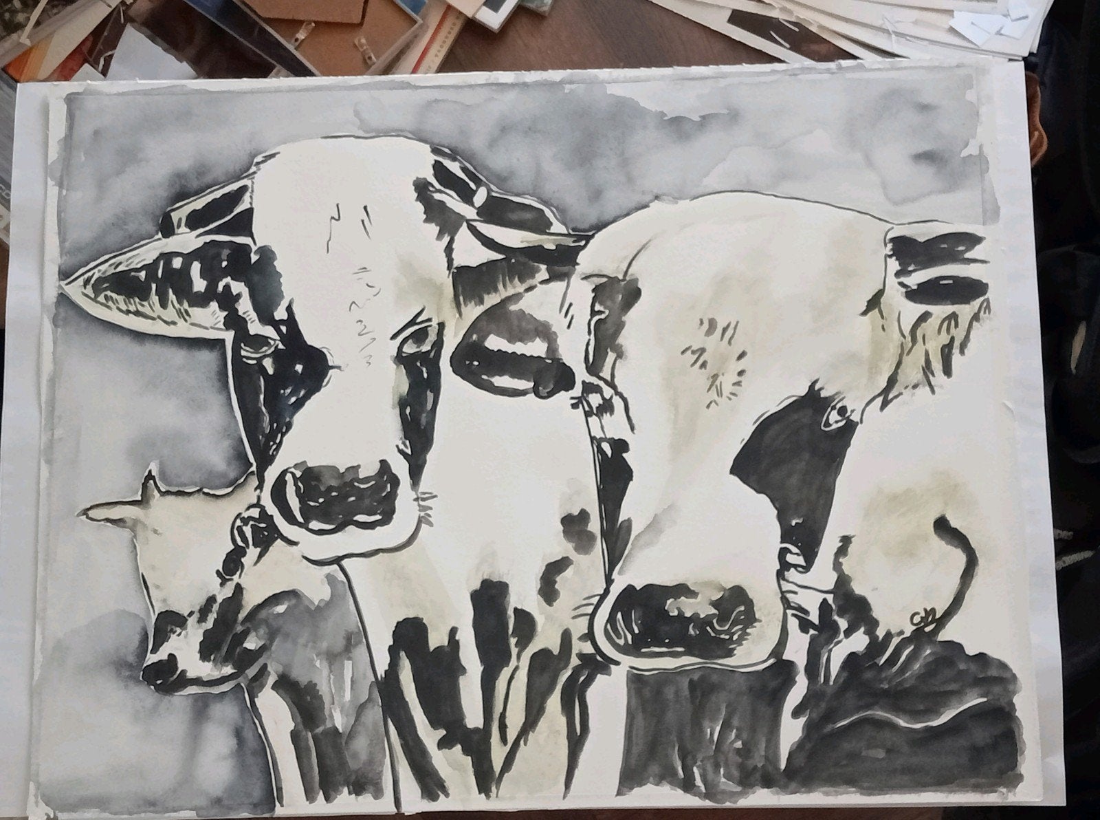 Aquarel met vee Koeien, Ophalen of Verzenden