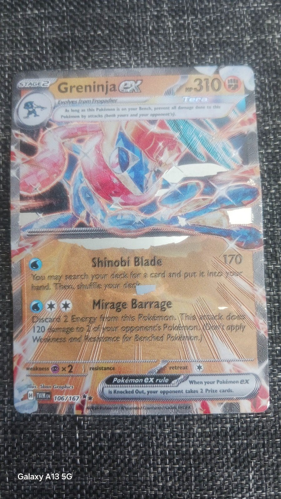 Greninja ex Tera Pokémon metalen kaart 106/167, Ophalen of Verzenden, Gebruikt, Losse kaart, Foil