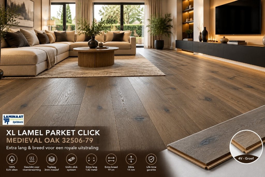 XL Lamel Parket click €39,95m2 Medieval Oak 14mm dik, Parket, Bruin, 75 m² of meer, Nieuw