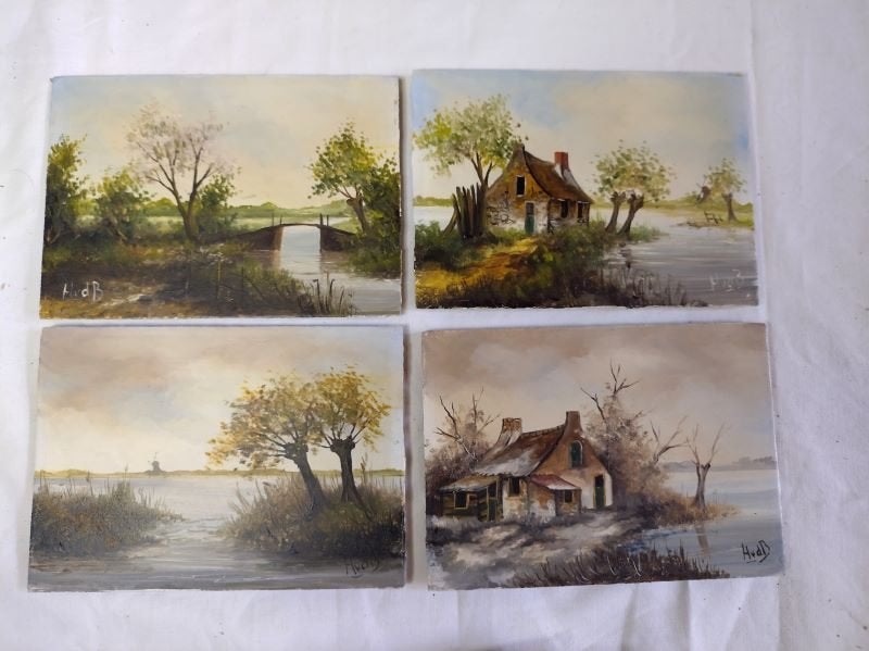 Vier mini-schilderijtjes De Vier Seizoenen, Ophalen of Verzenden, Landschap, Olieverf, Klassiek