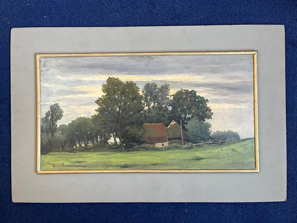 W.J. Pasman Schilderij Boerderij Bomen Landschap WJ Klassiek, Antiek en Kunst, Kunst | Schilderijen | Klassiek, Ophalen of Verzenden