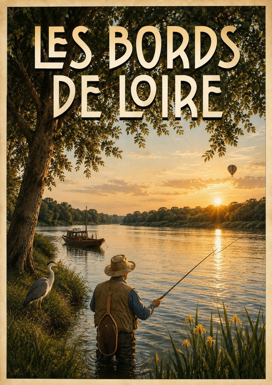 Les Bords de Loire - poster van visser bij zonsondergang, Rechthoekig Staand, Nieuw, Ophalen of Verzenden, A1 t/m A3
