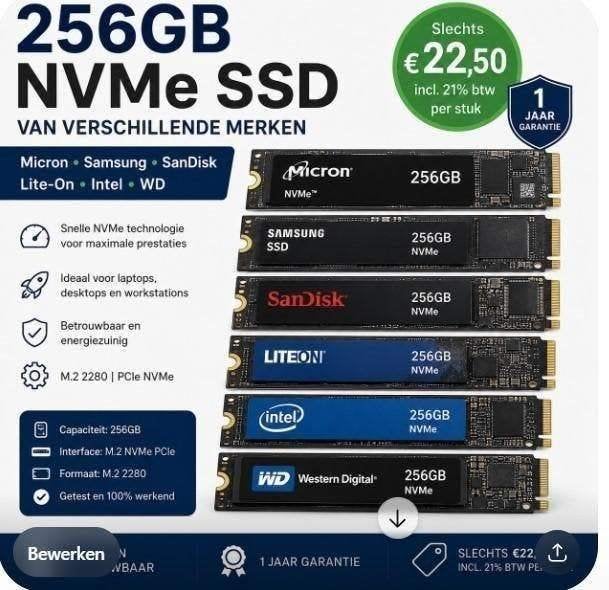 256GB NVMe SSD Micron, Samsung, SanDisk, Lite-On, Intel, WD, Computers en Software, Intern, SSD, Ophalen of Verzenden, Samsung
