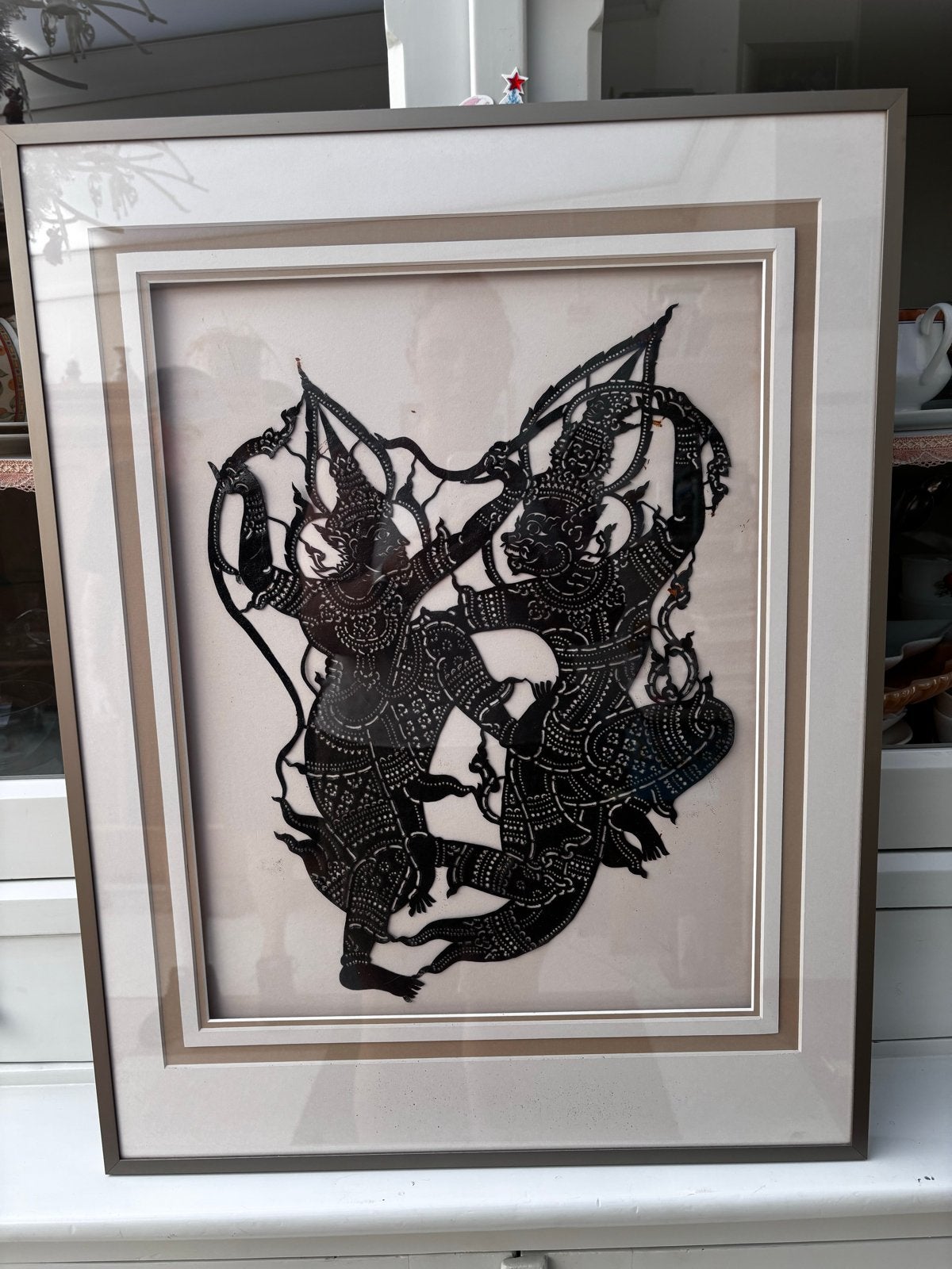 Ingelijste Thaise Schaduwpop Kunst - Wayang Kulit, Antiek en Kunst, Kunst | Niet-Westerse kunst, Ophalen, Wanddecoratie, Natuurlijk materiaal