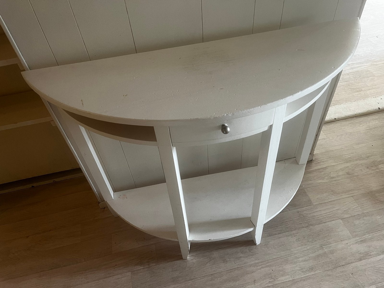 Witte halfronde sidetable met lade en plank, Ophalen, Gebruikt, 50 tot 100 cm, Overige vormen