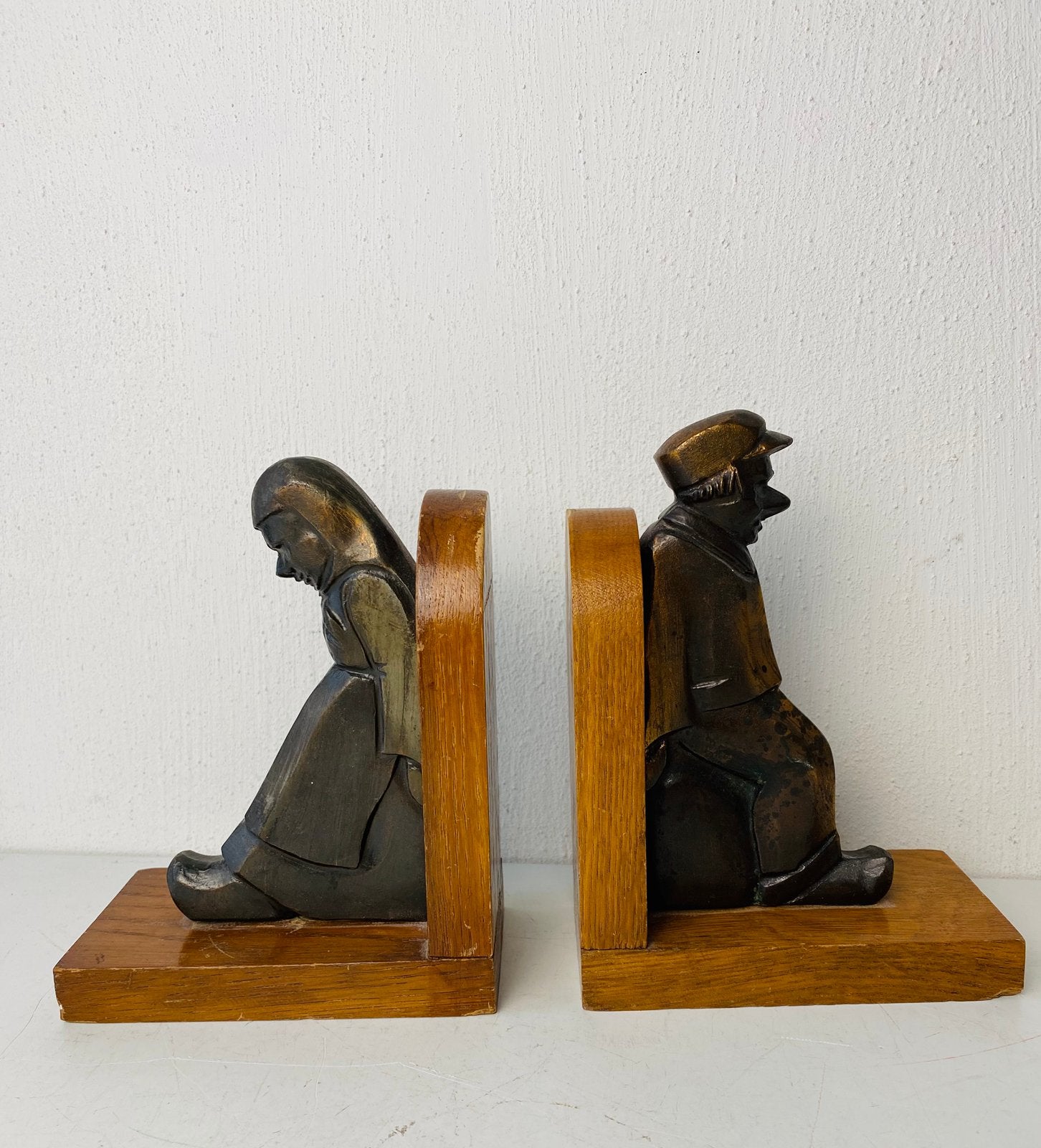 Art Deco bronzen boekensteunen boer en boerin, Antiek en Kunst, Ophalen of Verzenden