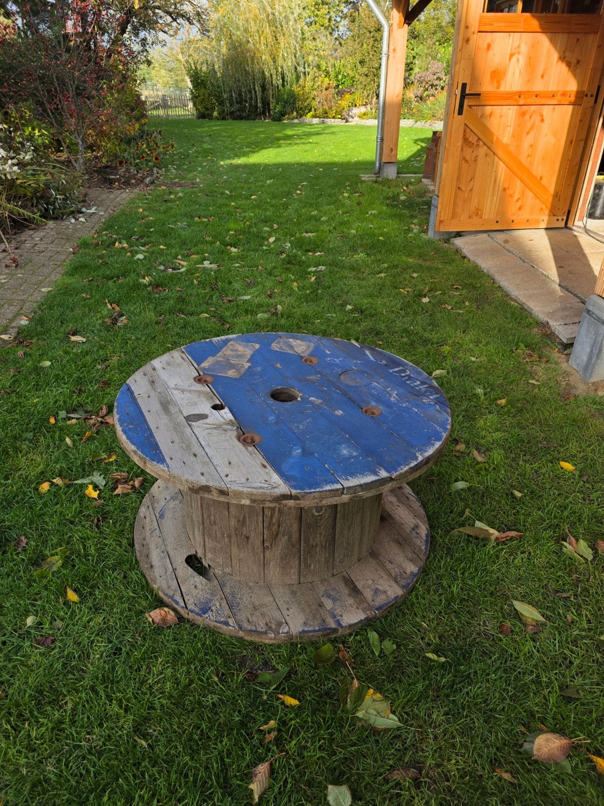 Grote houten kabelhaspel - unieke tuintafel, Ophalen, Gebruikt, Rond, Hout