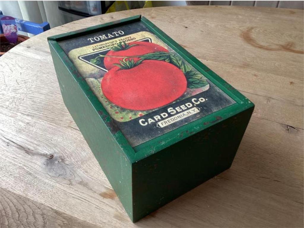 Brocant houten schuifdoos – tomatenmotief / zaadkistje stijl, Antiek en Kunst, Ophalen of Verzenden