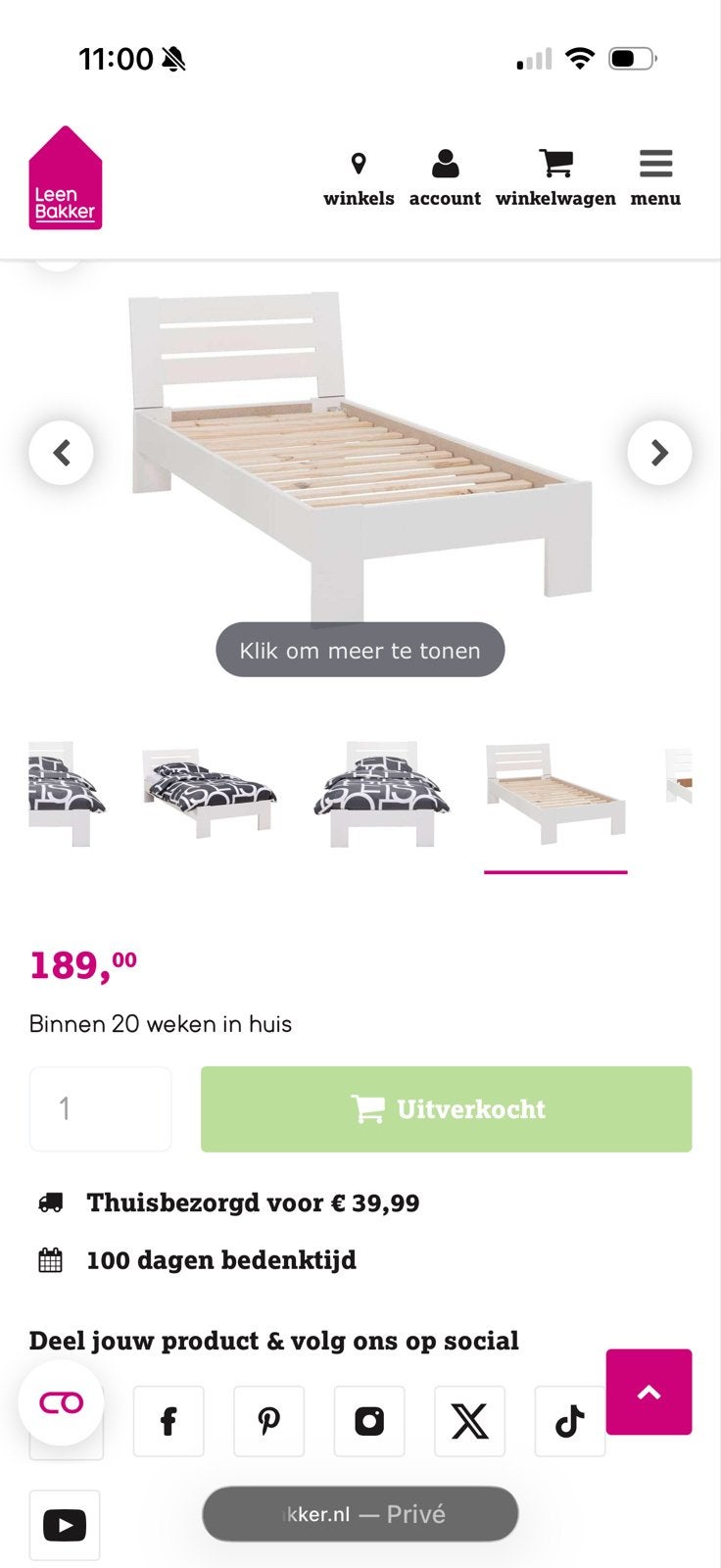 Leenbakker Sydney bed met hoofdbord en lattenbodem, Huis en Inrichting, Slaapkamer | Bedden, Ophalen, Gebruikt, 90 cm, Eenpersoons