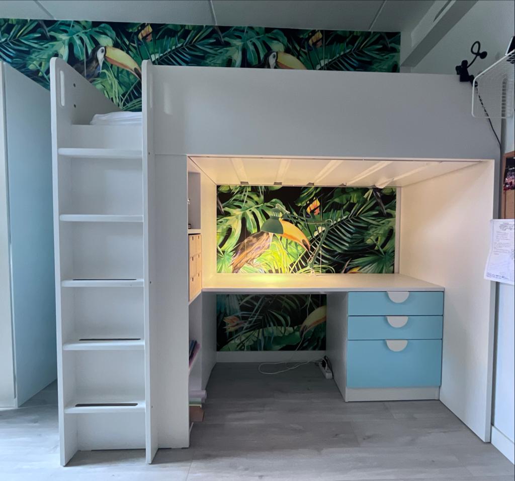 Hoogslaper turquoise wit met bureau en kast, Kinderen en Baby's, Kinderkamer | Stapelbedden en Hoogslapers, Ophalen, Gebruikt
