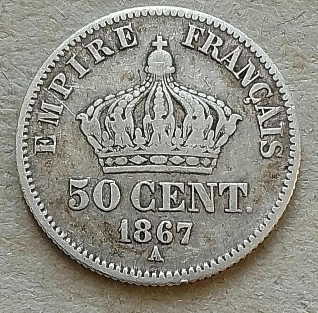 Frankrijk, 50 centimes 1867 A, Ophalen of Verzenden, Frankrijk, Losse munt, Zilver