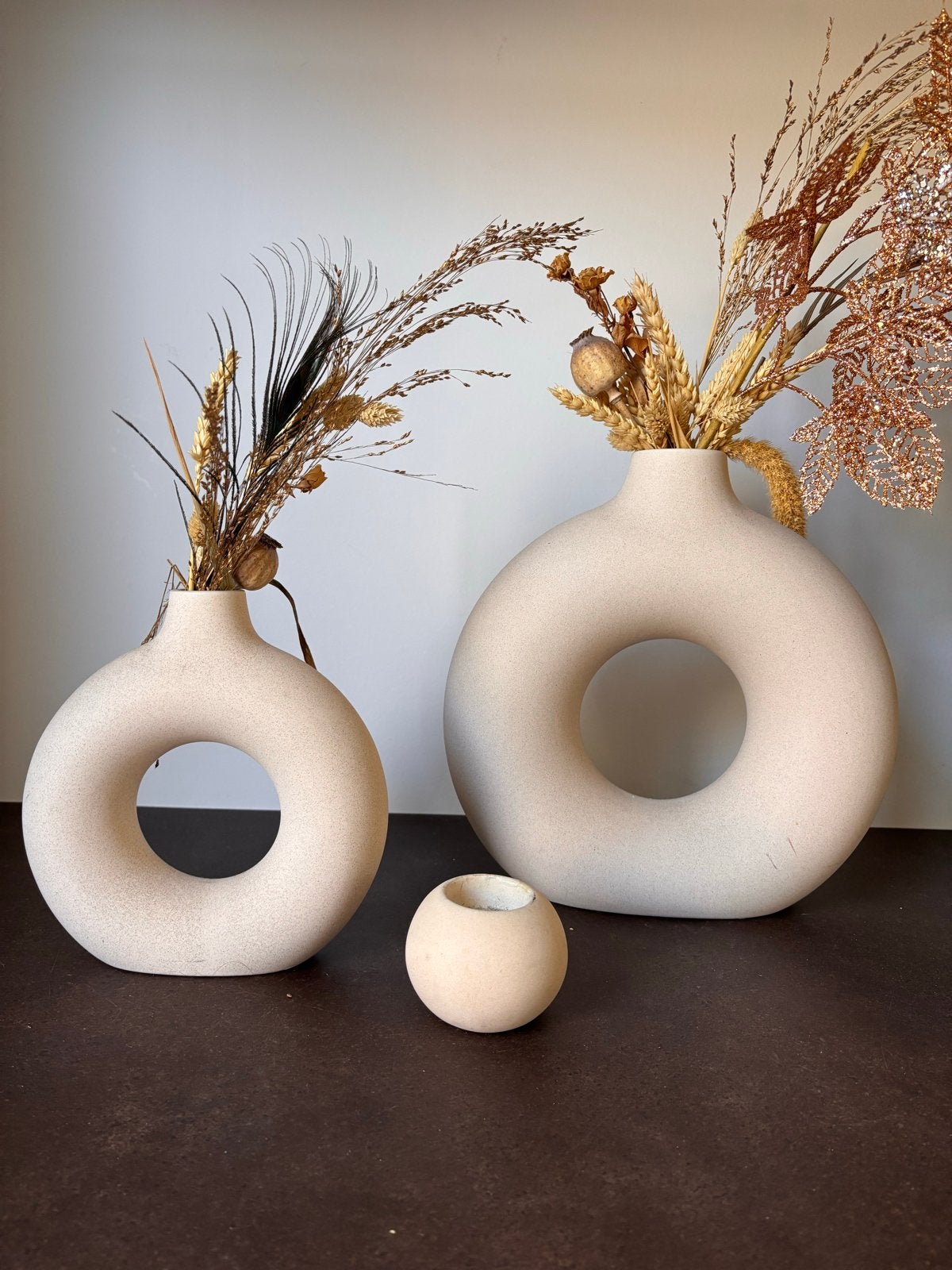 Setje vazen en kaarshouder H&M Home, Ophalen, Gebruikt, Beige, Geschikt voor droogbloemen