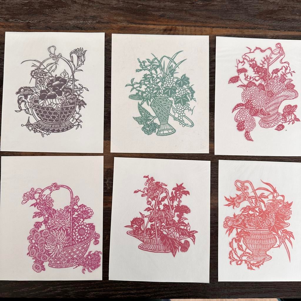 6x Chinees papier snijwerk Jianzhi bloemen manden - Originee, Ophalen of Verzenden