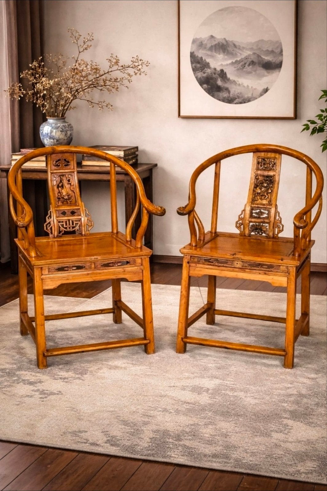 Set van 2 Chinese hoefijzerstoelen, massief hout, Antiek en Kunst, Antiek | Meubels | Stoelen en Banken, Ophalen
