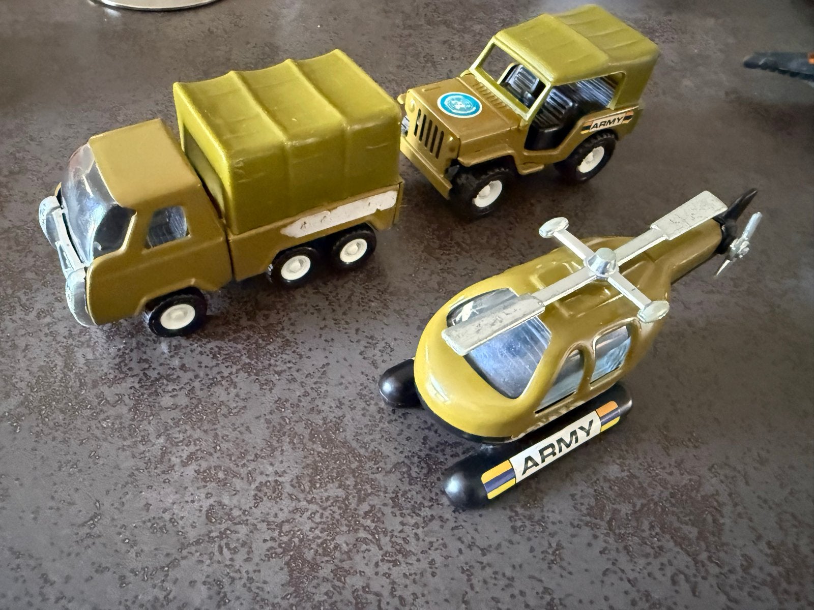 Vintage leger speelgoed set: jeep, vrachtwagen, helikopter, Ophalen of Verzenden, Gebruikt