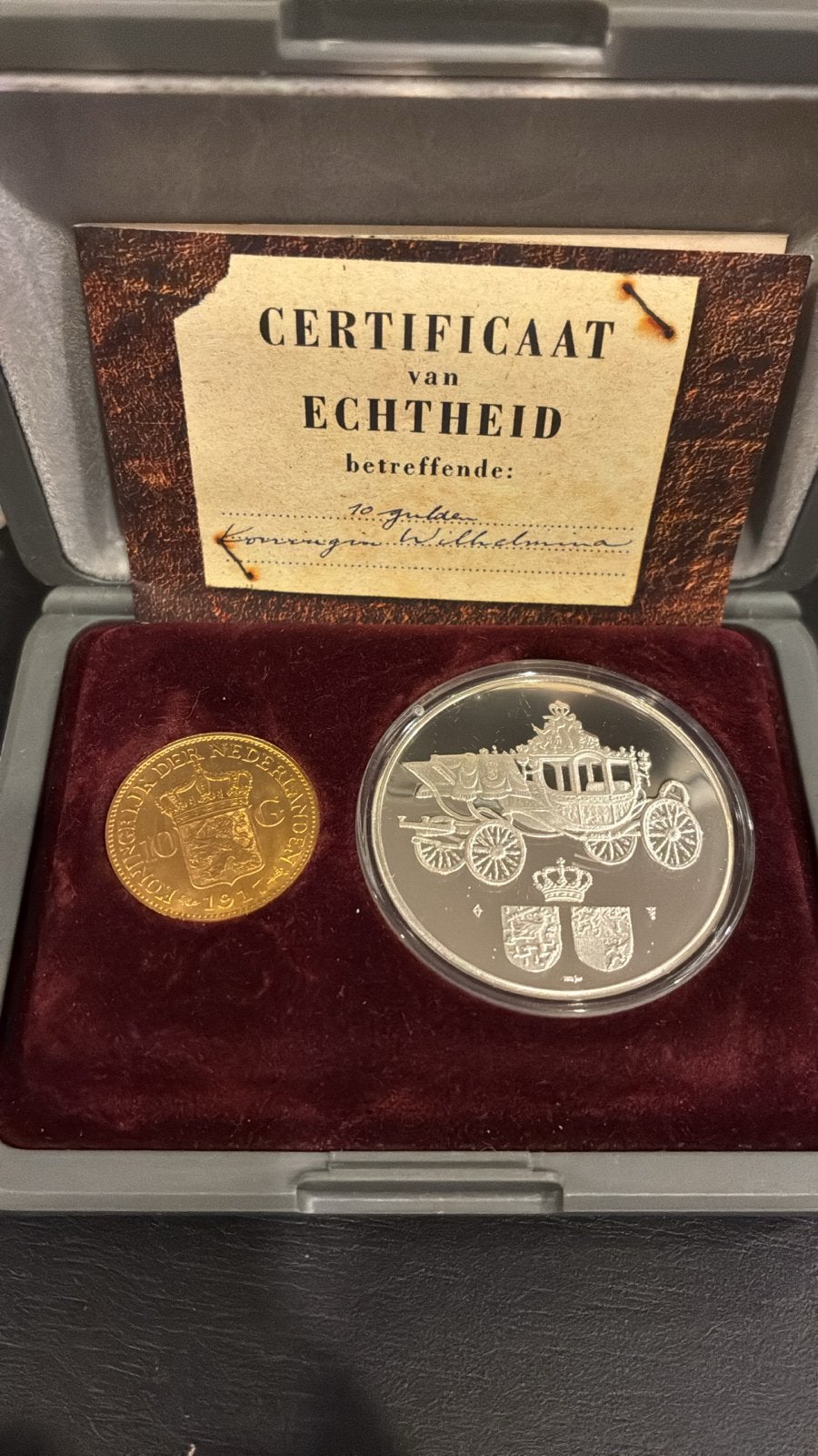 Gouden 10 Gulden Wilhelmina en Zilveren Koets Munt Set, Setje, Koningin Wilhelmina, 10 gulden, Goud