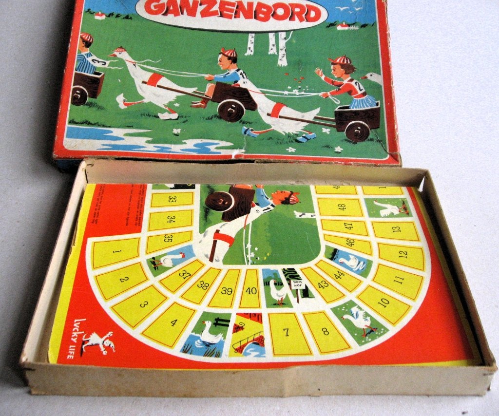 Ganzenbordspel uit 1947 compleet: spelregels en pionnen, Antiek en Kunst, Antiek | Speelgoed, Ophalen of Verzenden