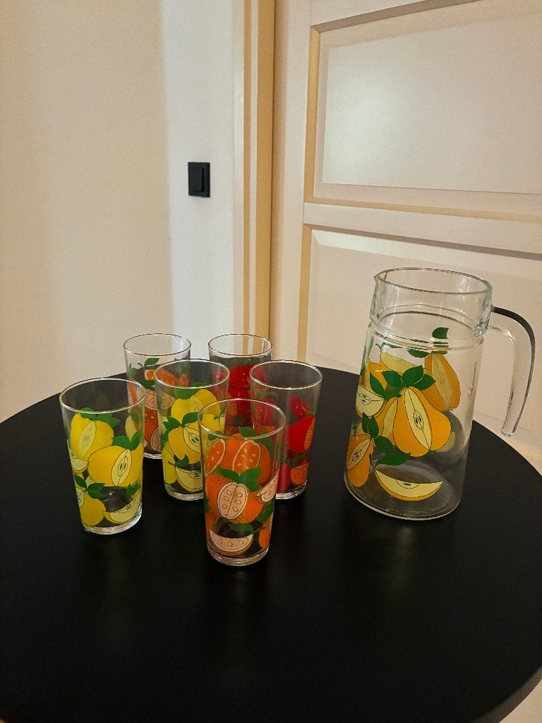 Vintage limonade 6 glazen en kan - Fruit, Ophalen, Glas, Overige stijlen, Glas of Glazen