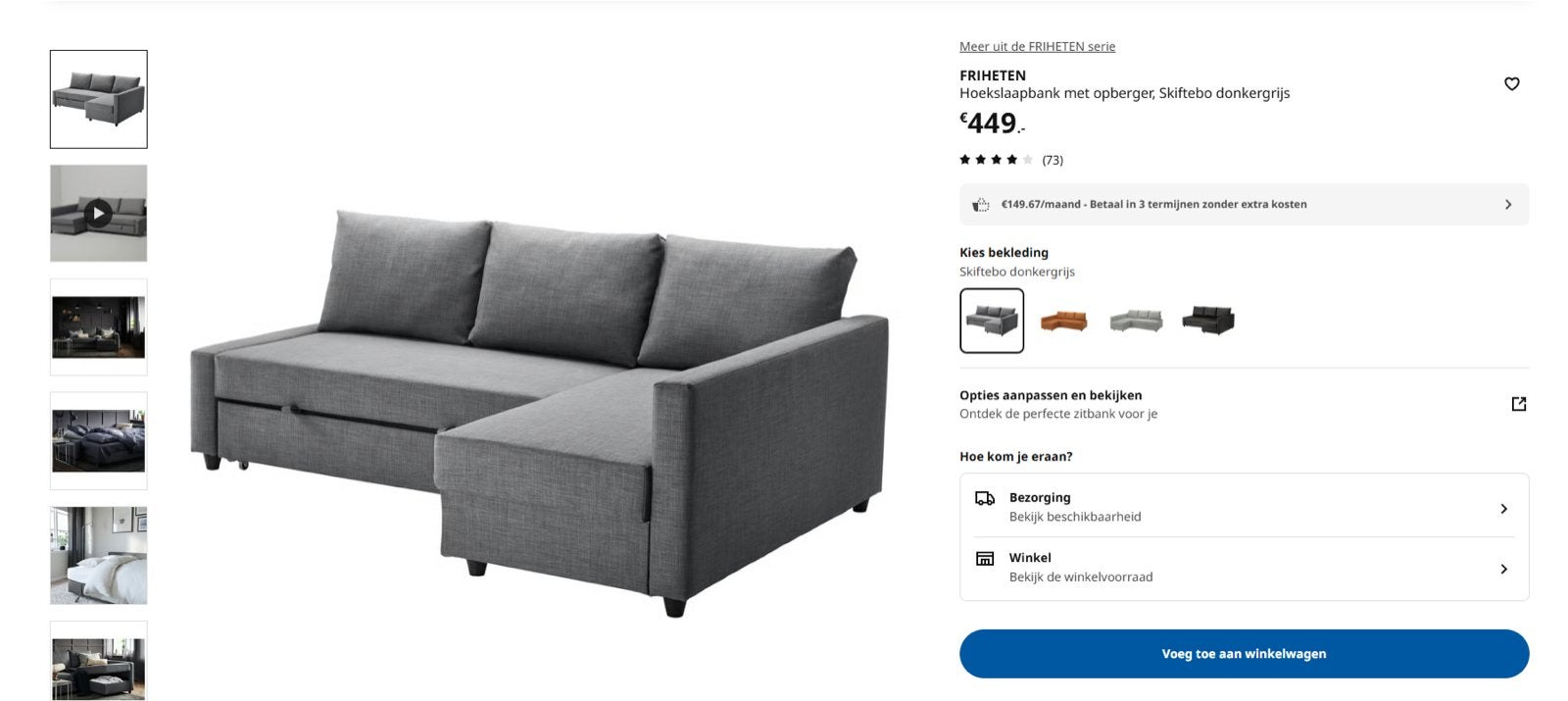FRIHETEN Hoekslaapbank met opberger Skiftebo donkergrijs, Gebruikt, 100 tot 125 cm, Hoekbank, Driepersoons