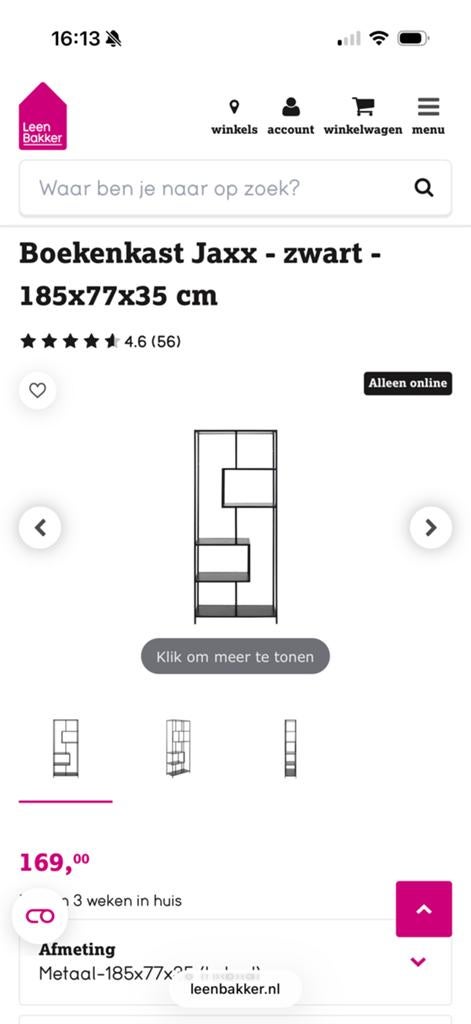 Vakkenkast Jaxx zwart metaal/hout Leenbakker (75x185x35cm), Ophalen, Met plank(en), Gebruikt, 50 tot 100 cm