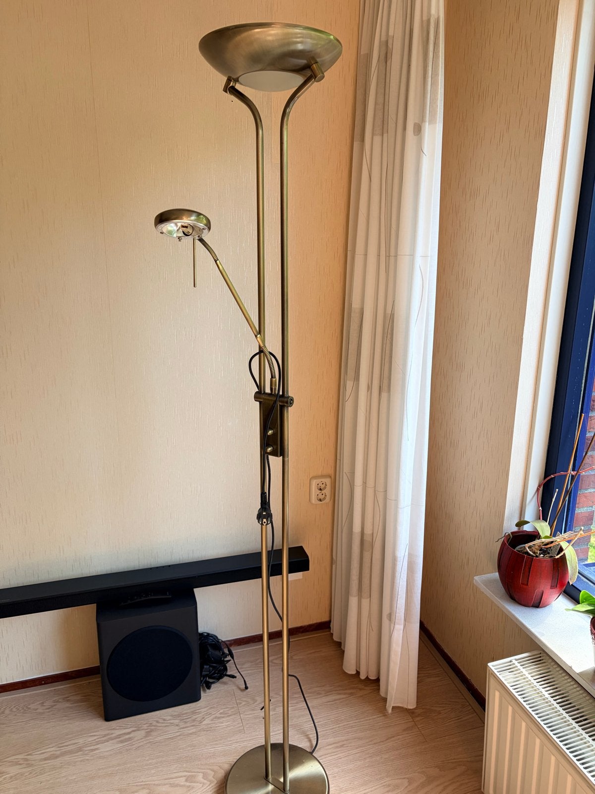 Stijlvolle bronzen vloerlamp met leeslamp, Ophalen, Gebruikt, Metaal, 150 tot 200 cm
