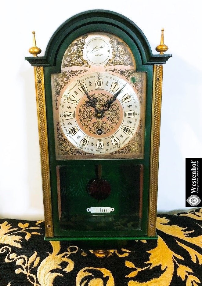 Vintage klok - wandklok art deco met slinger - groen goud, Verzenden