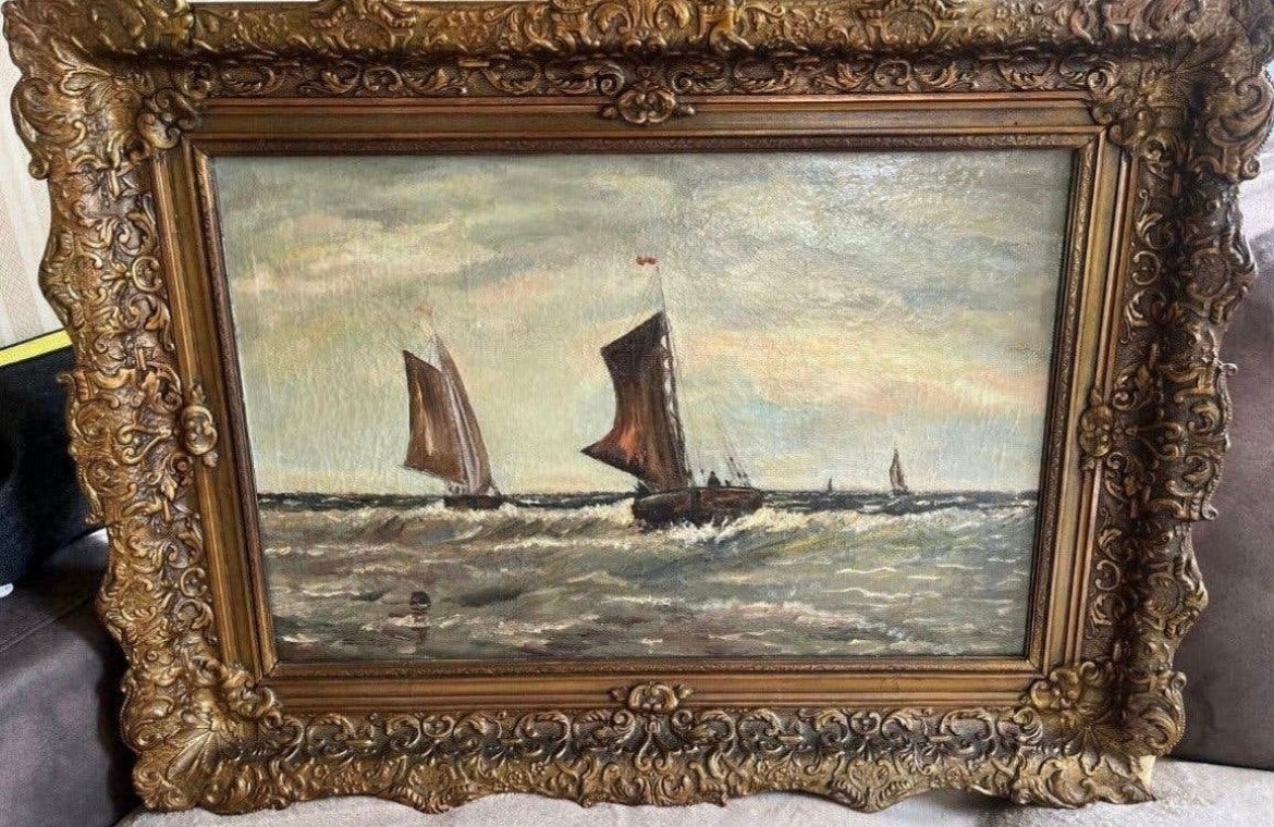 Antiek olieverf zee met boten schilderij, Antiek en Kunst, Ophalen