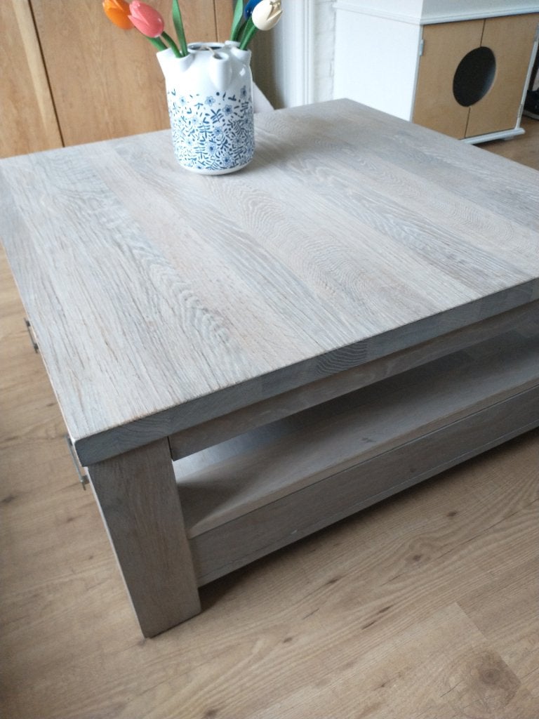Massief licht eiken vierkante salontafel, Ophalen, Gebruikt, 50 tot 100 cm, 50 tot 100 cm