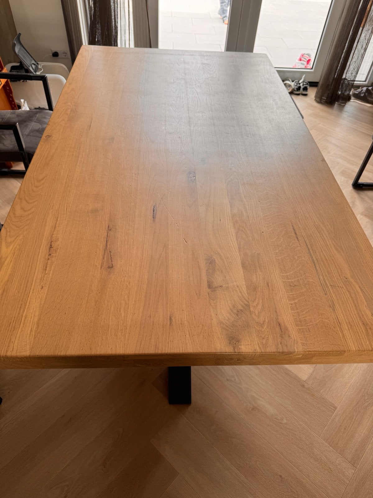 Eikenhouten spinpoot eettafel inclusief 4 stoelen, Ophalen, Gebruikt, 100 tot 150 cm, Eikenhout